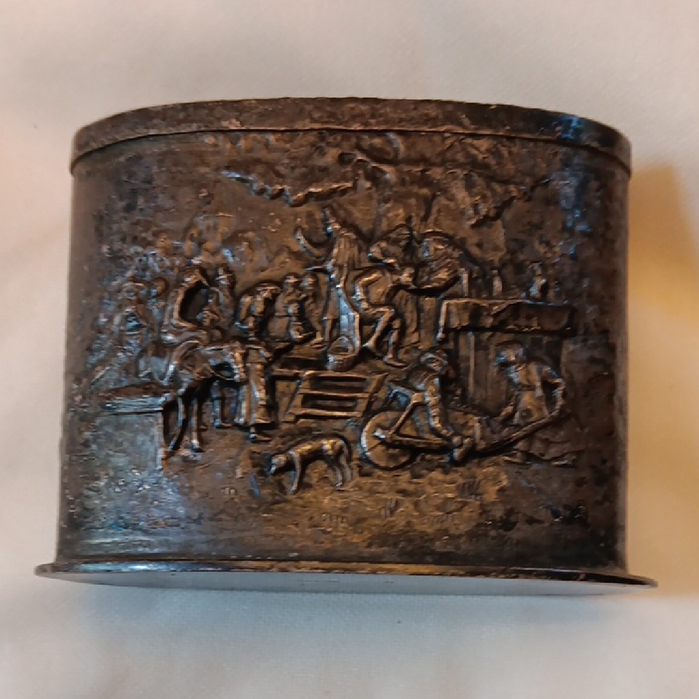 Vintage Metal Box with Embossed Scene
